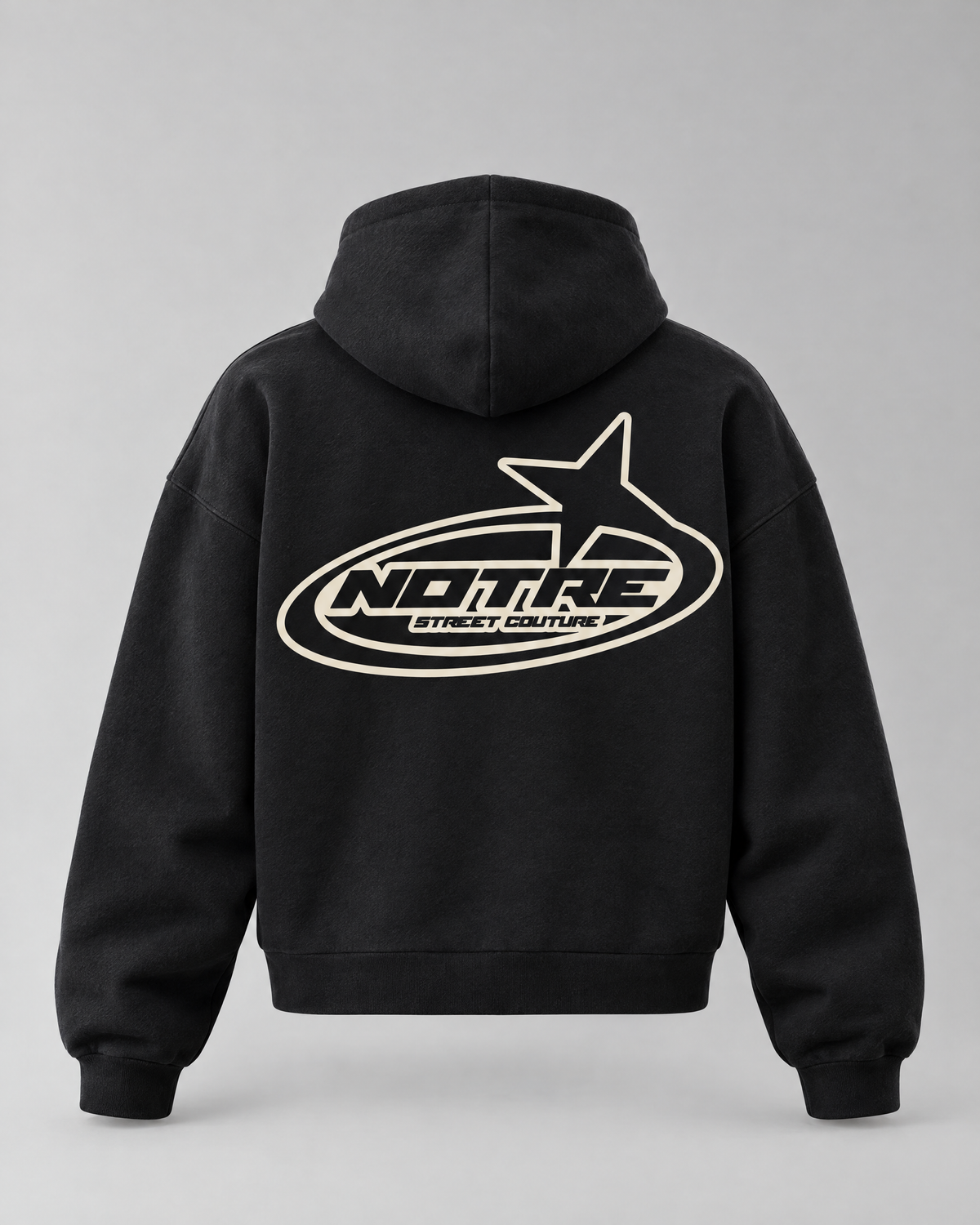 Felpa Hoodie Notre Interstellar nera, vestibilità boxy, vista retro con stampa Notre Street Couture