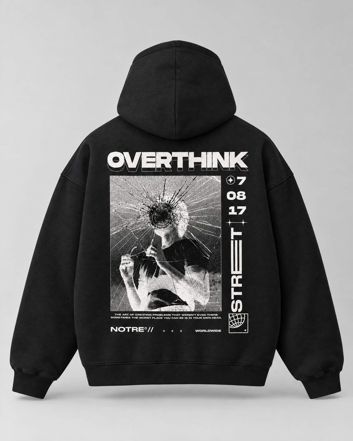 Felpa Hoodie Notre Overthink nera boxy, vista retro con stampa Overthink